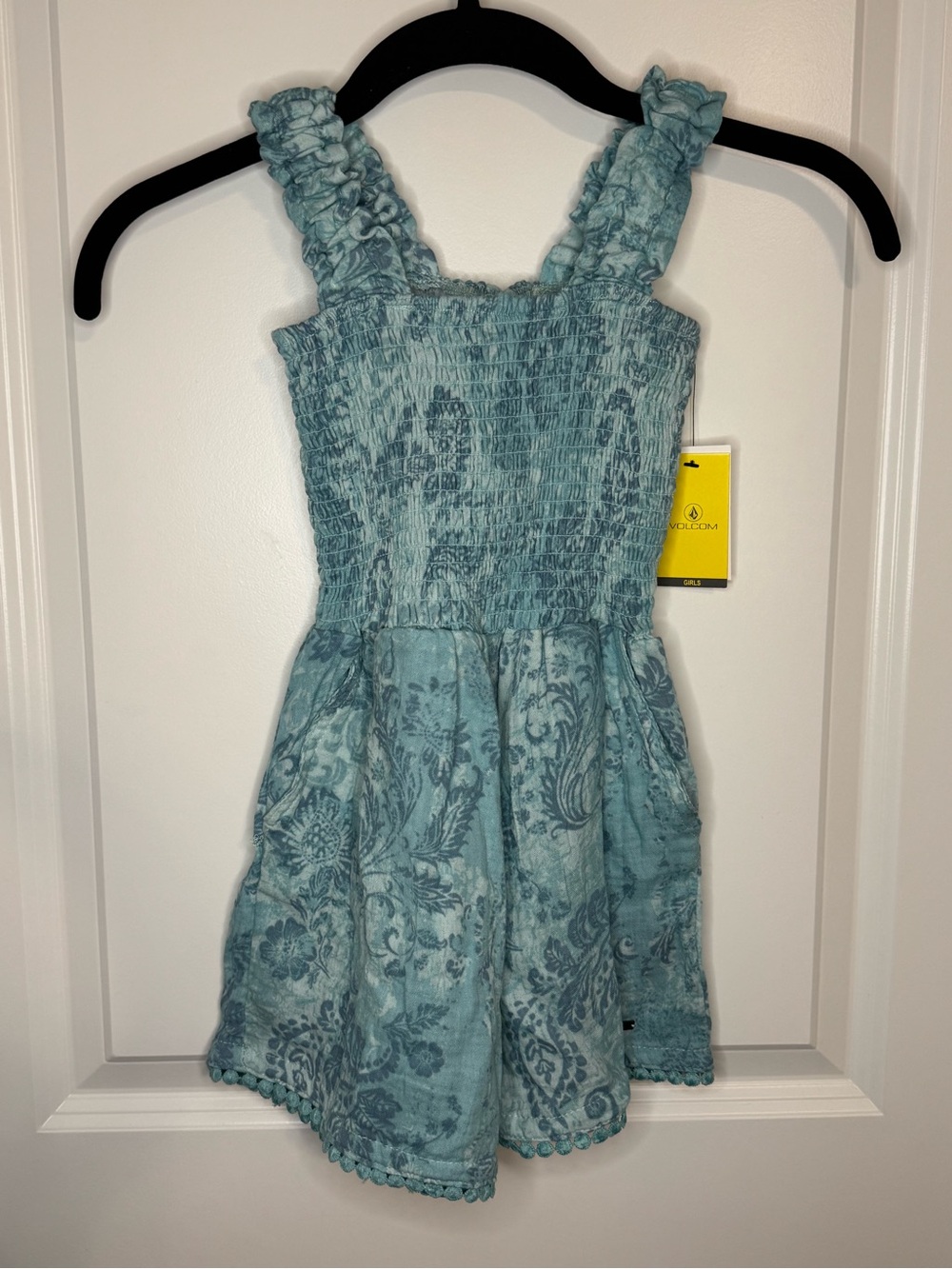 Volcom Aqua Blue Smocked Floral One-Piece Romper with Ruffle Straps